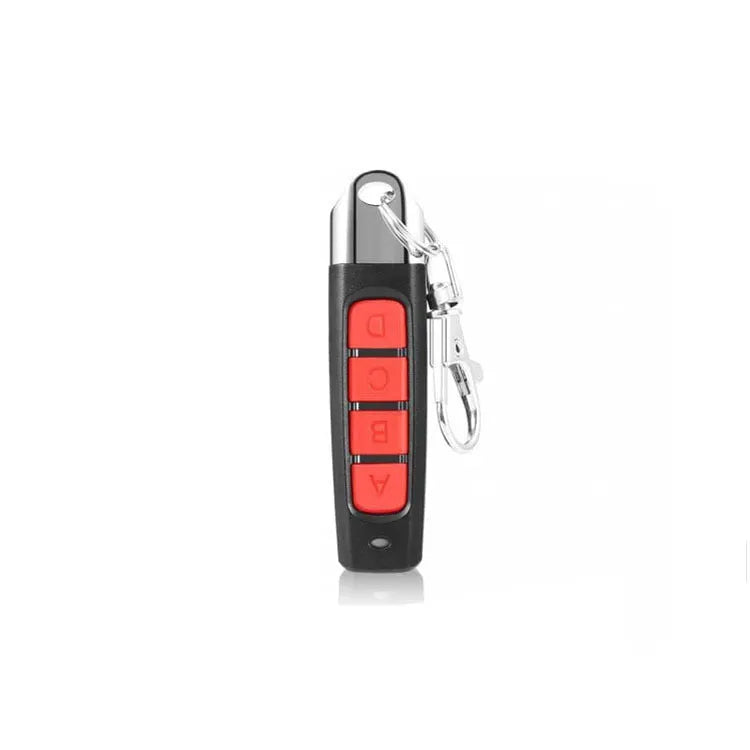 A compact black rolling door remote control measuring 6.7cm, showing buttons for copying and operation.