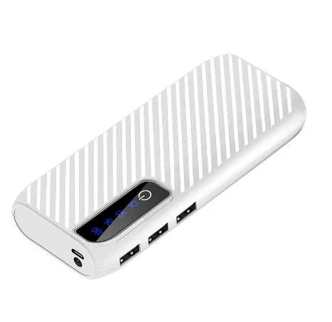 Black portable mini power bank with dual USB ports showing 20000mAh capacity label