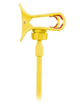 Black flexible long arm phone holder with V-clip attached to a bed frame, holding a smartphone.