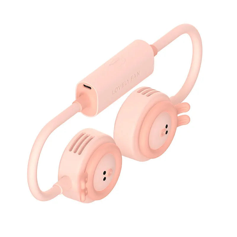 Pink folding leafless neck fan worn around neck showing three-speed controls and USB charging port