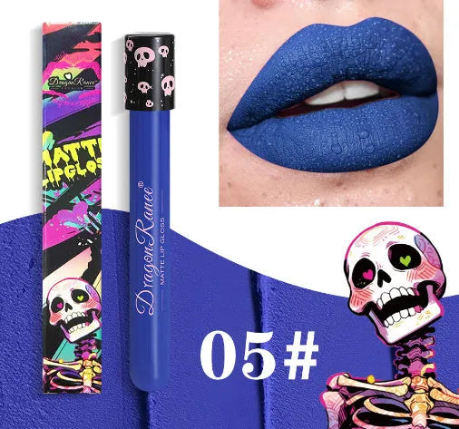Halloween retro matte lip gloss in test tube skull packaging showing gold silver colours