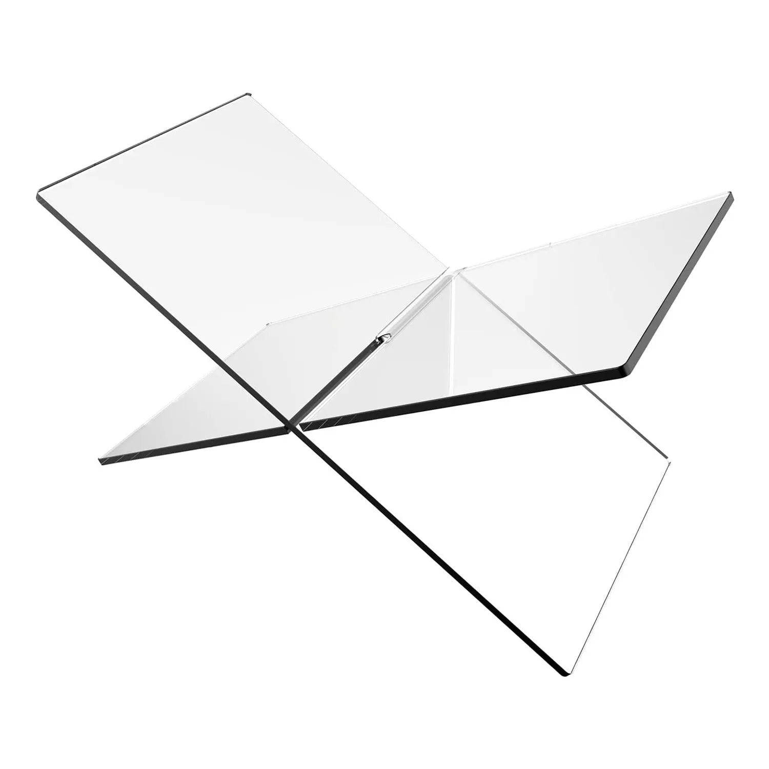 Clear acrylic X-type book reading rack displaying books upright on desktop