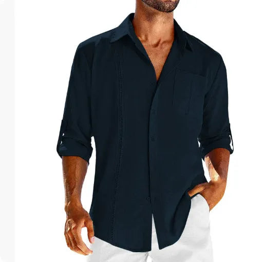 Men's solid colour long-sleeve shirt with a polo collar and a chest pocket on the left side.
