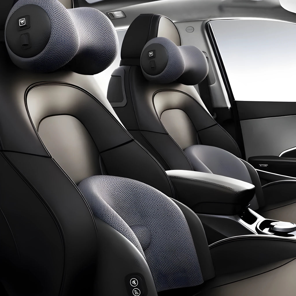 Memory cotton car seat massage cushion with electric vibration function for lumbar and headrest support.