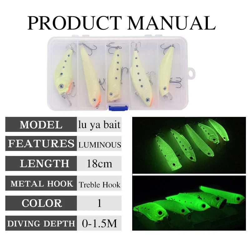 Five fluorescent 3D simulation submerged luminous hard bait fishing lures in box for predator fishing