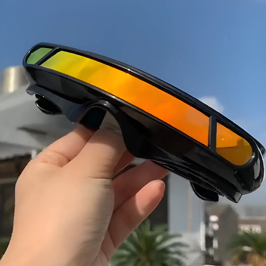 Black full rim sports sunglasses with polarised colour film lenses in grey, red mercury, or blue mercury options.