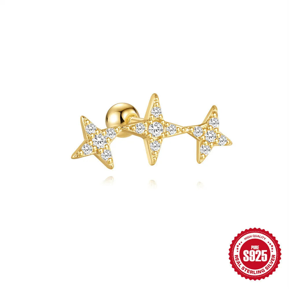 S925 sterling silver square gravel stud earrings with red flower design in golden electroplated finish