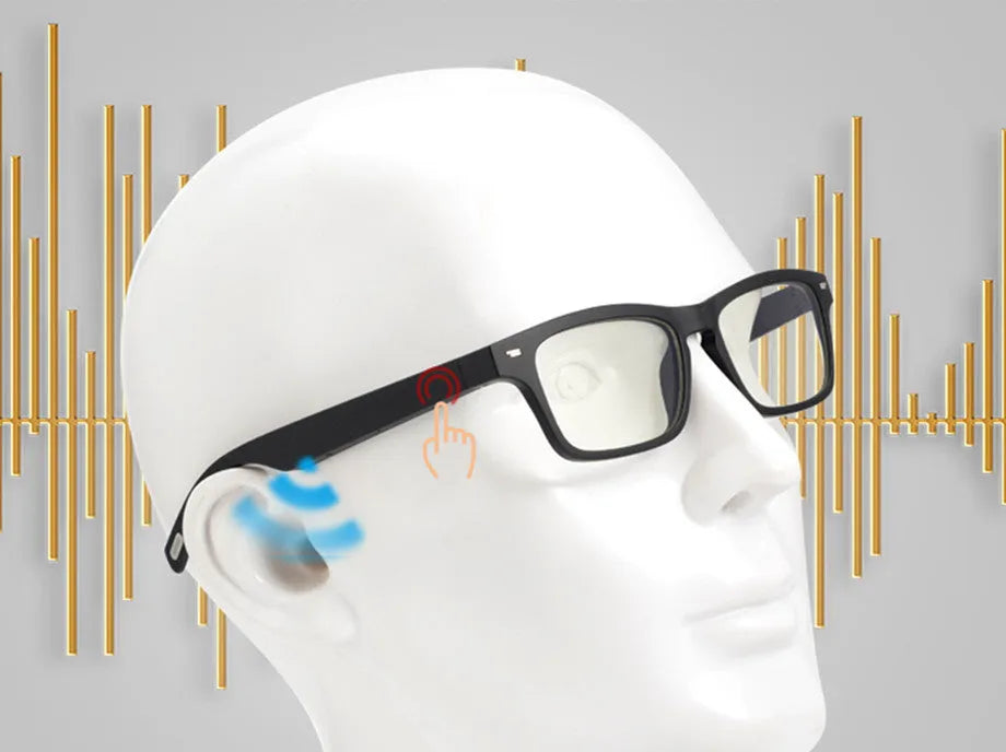 Smart glasses with open-ear speakers and a choice of anti-blue light or polarised lenses.