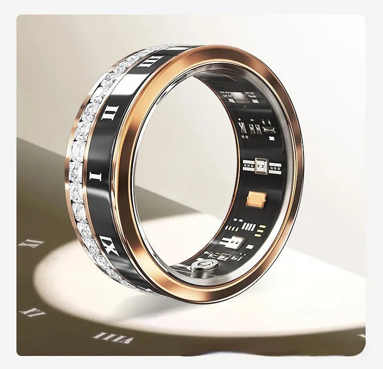 Diamond inlaid smart ring in gold or silver colour with blood oxygen monitoring feature