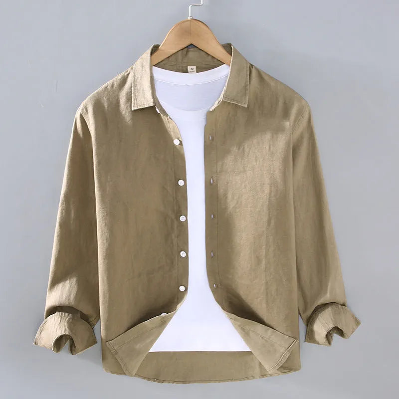 Men's pure linen simple cardigan shirt in a solid colour with long sleeves.