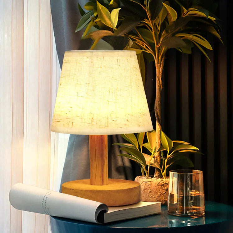 Vintage pleated table lamp with linen jute shade and bamboo holder