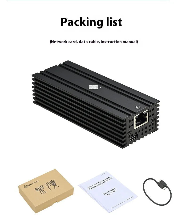 Black Leyu USB4 to RJ45 10 gigabit network adapter with 20cm cable on a desk