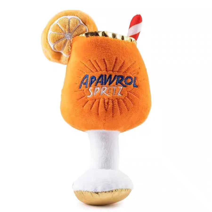 Yellow beer bottle shaped plush squeaky dog chew toy with teeth cleaning feature