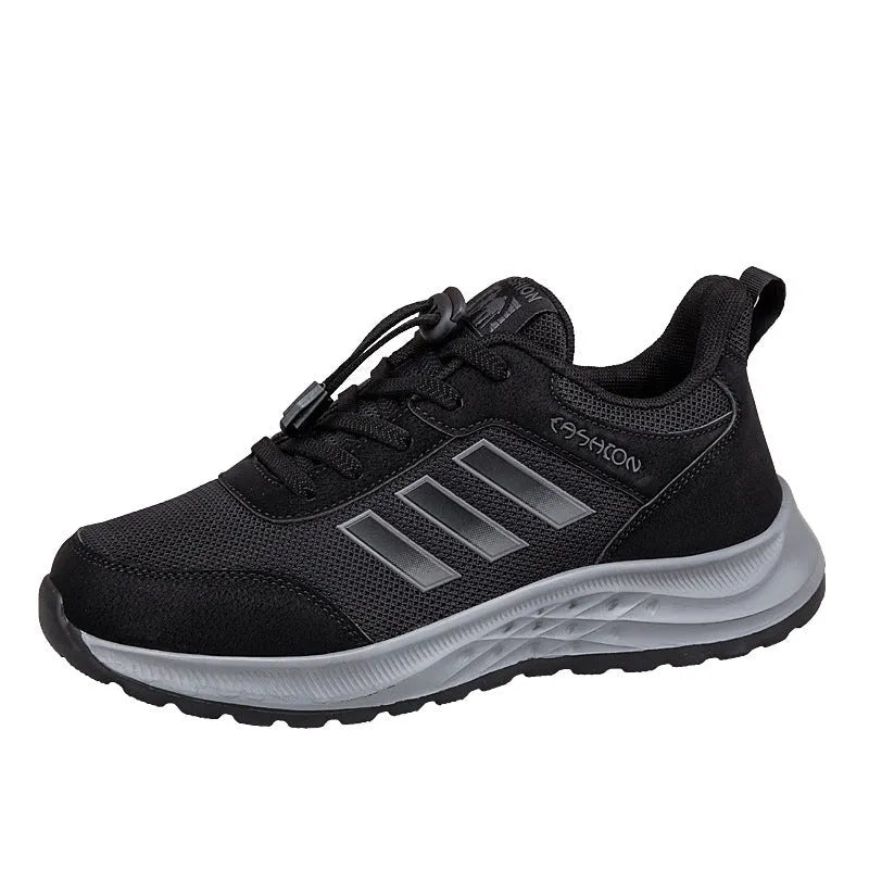 Men's and women's breathable mesh mom shoes with elastic band and non-slip sole in various colours.