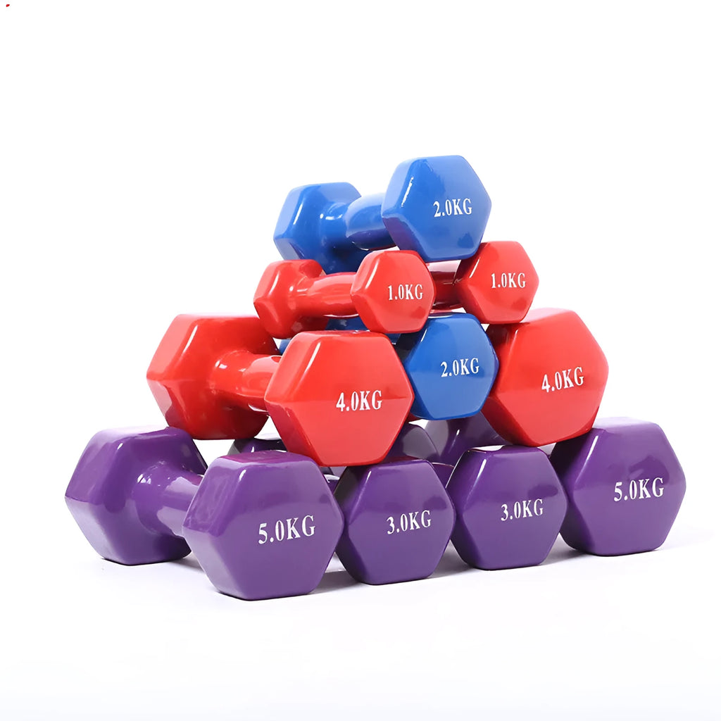 Bright coloured plastic dumbbells in 0.5kg, 1kg and 1.5kg sizes for home fitness with glossy surface
