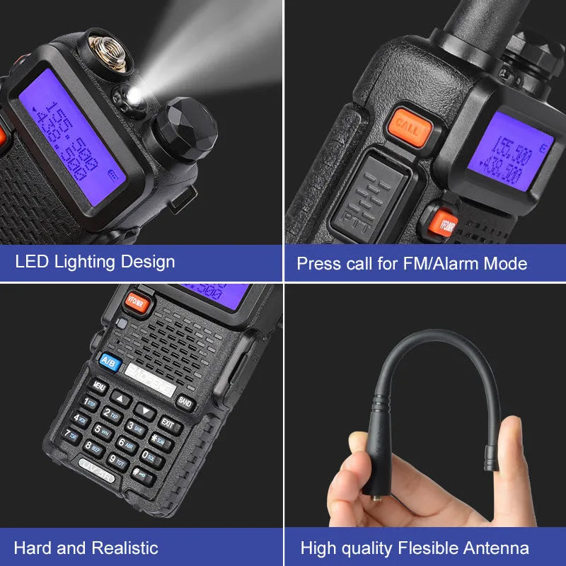 Black VHF UHF walkie talkie two way radio with antenna and 128 channel display