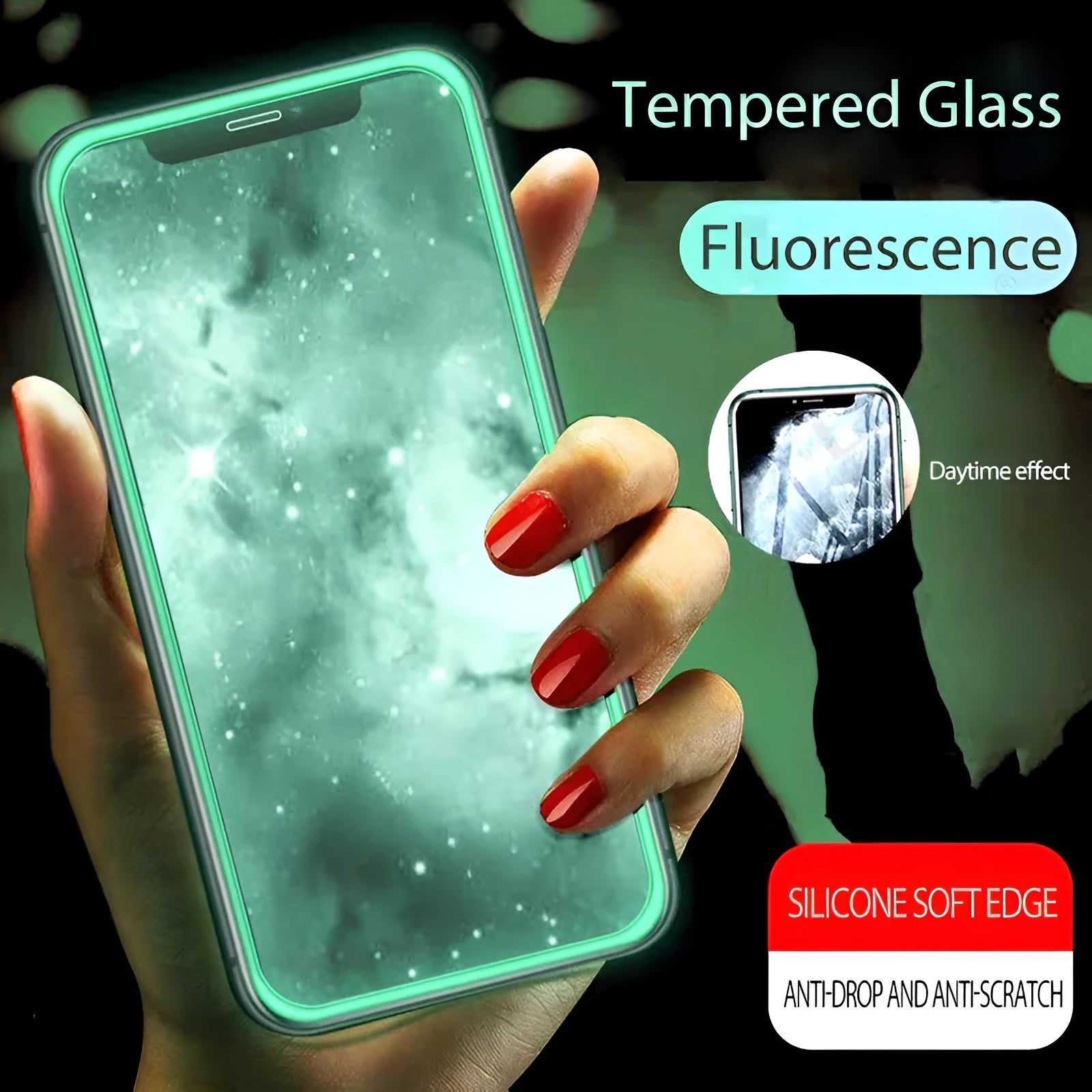 Luminous full cover tempered glass screen protector glowing in the dark for iPhone