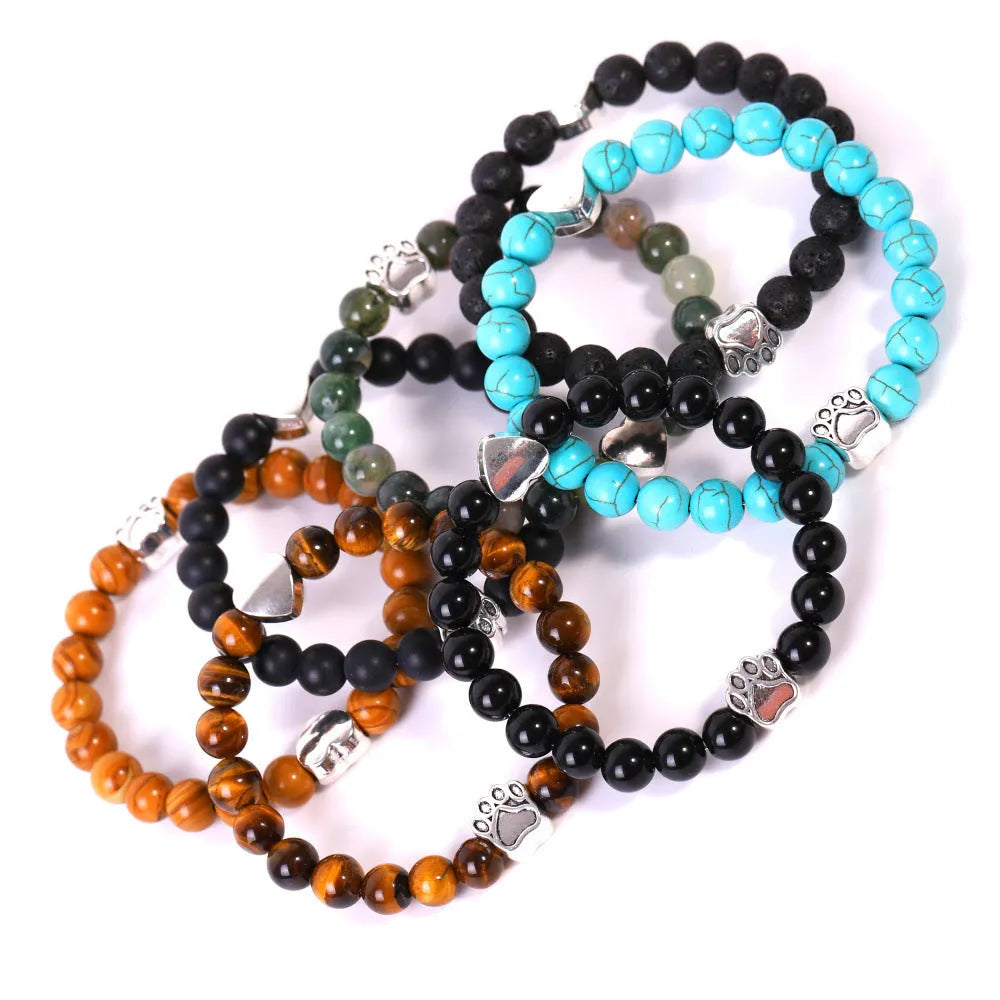 Stone beaded dog's paw bracelet geometric shape with round beads tiger eye Indian agate options