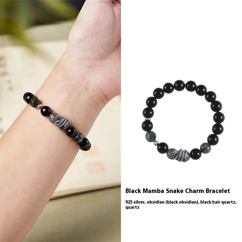 Men's sterling silver bracelet with black obsidian crystal snake charm in retro animal zodiac design