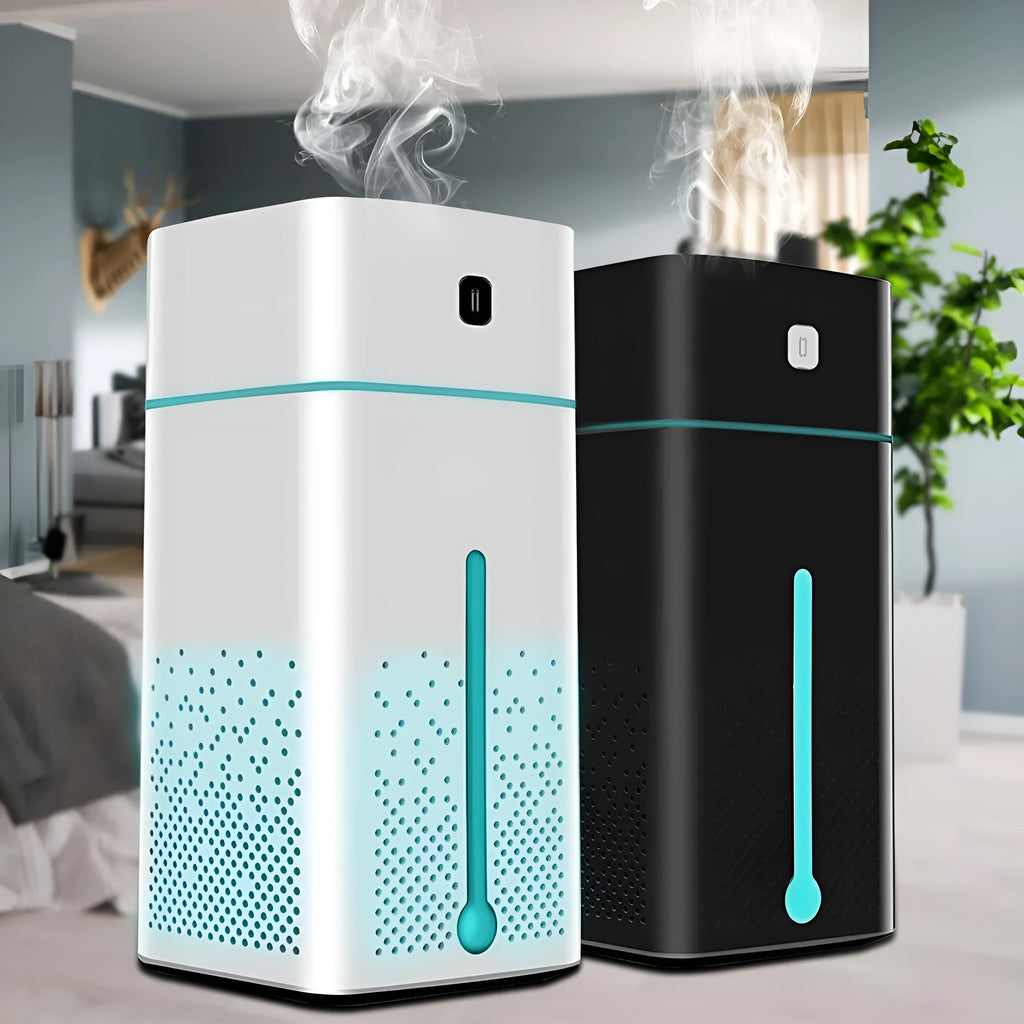 Black and white desktop humidifier measuring 103x103x218mm with USB connection port
