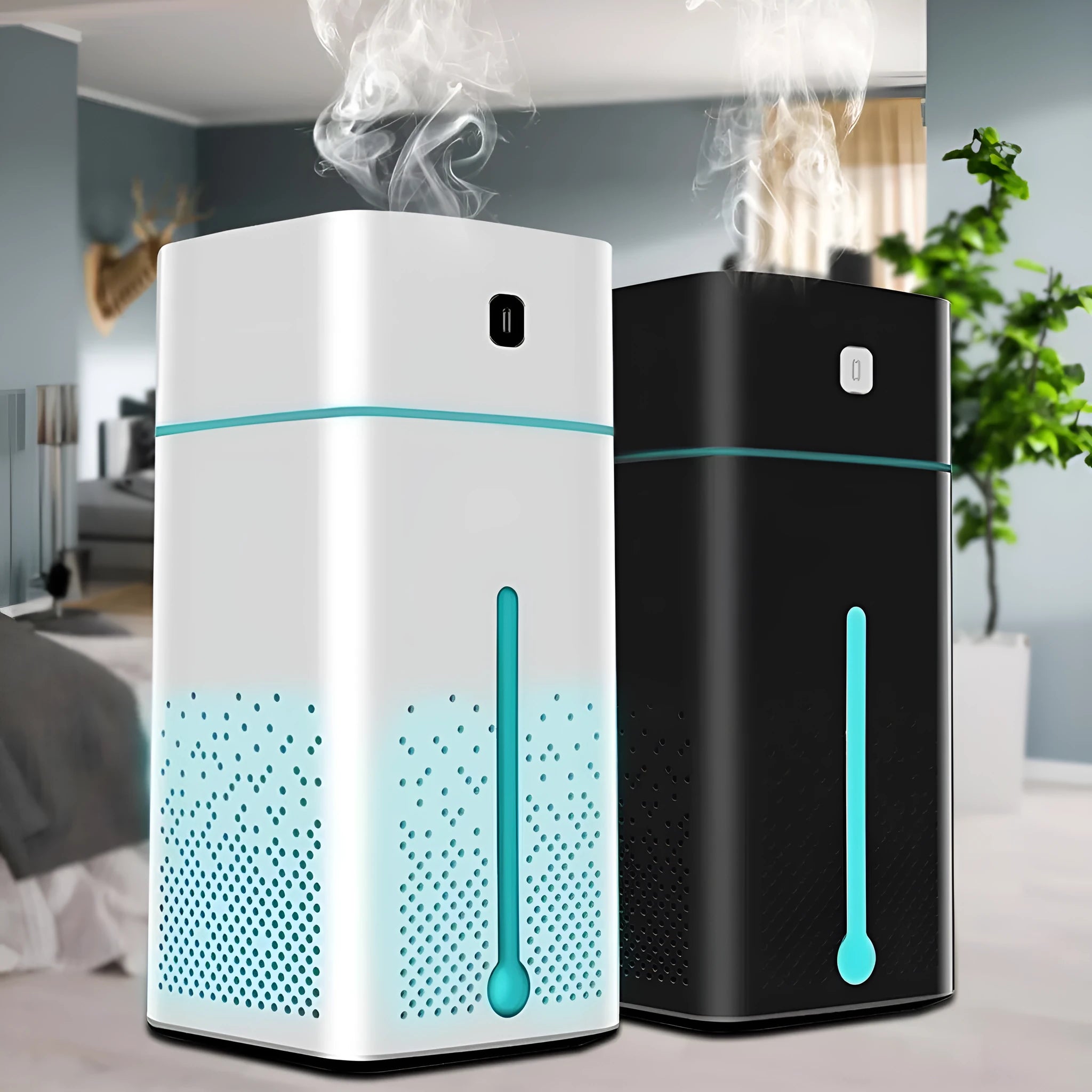 Black and white desktop humidifier measuring 103x103x218mm with USB connection port
