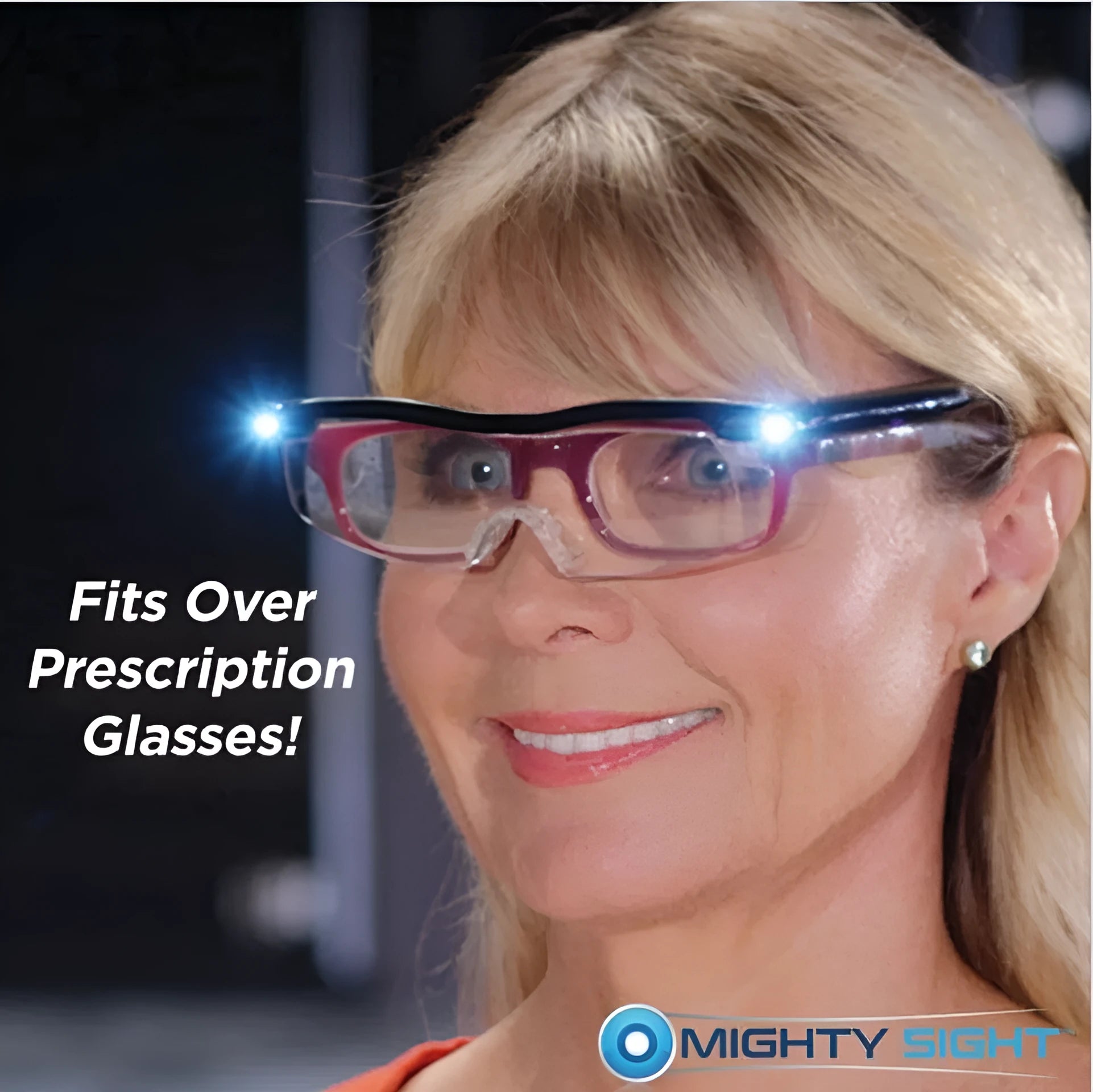 Transparent black USB LED reading glasses with illuminated frames on a dark background.