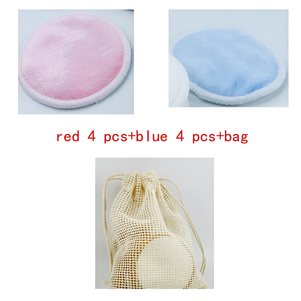 Set of eight pink and blue velvet makeup remover pads next to an organic cotton mesh drawstring bag.