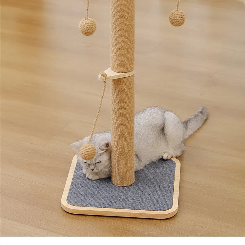 Windmill design cat climbing frame with hanging ball toy on carpet leather and pine wood structure