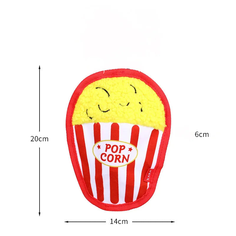 Crinkle and squeaky dog toy in hamburger, fries, hot dog, and pizza shapes.