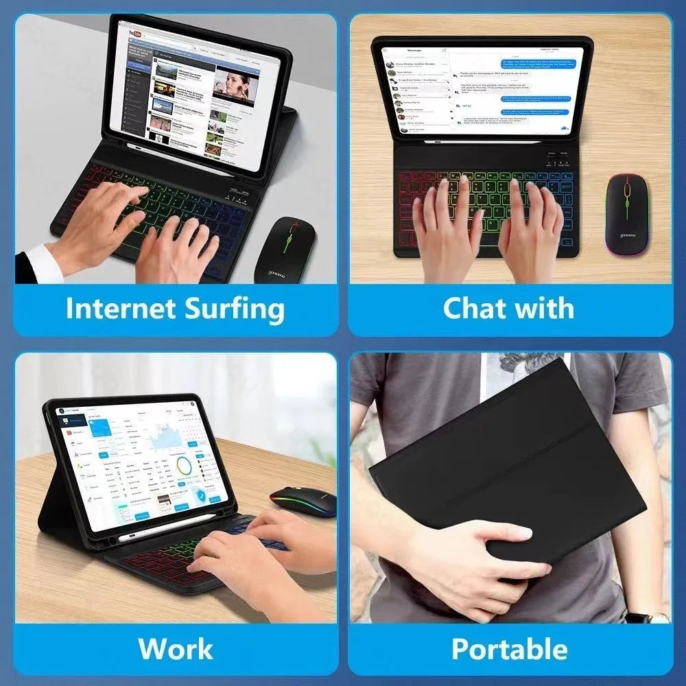 iPad leather protective case with built-in luminous RGB backlit Bluetooth keyboard and optional mouse in various colours.