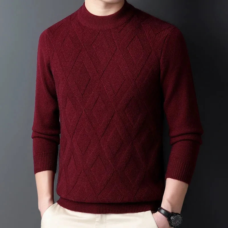 Men's thick winter wool blend pullover sweater with diamond jacquard pattern in a plus size fit.
