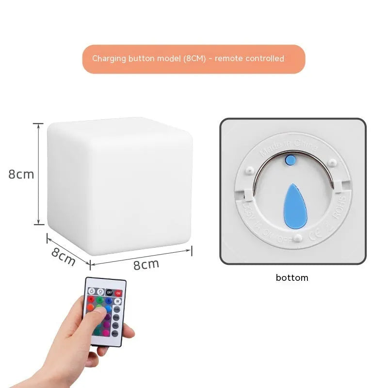 Small square seven-colour LED night light in European style, shown in 60mm and 80mm sizes.