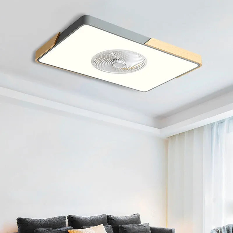 Nordic-style ceiling fan lamp with three solid wood bases in rectangular, round, and square designs