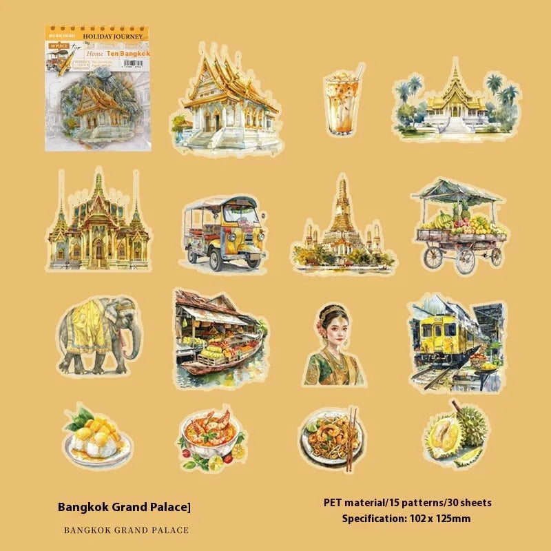 Retro-style printed stickers showing architecture from Paris Arc de Triomphe, London Big Ben, Maldives, Zurich, Rome, and Bangkok.