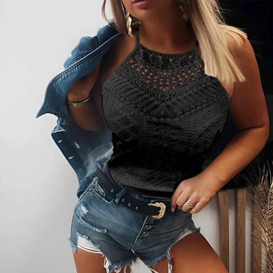 Women's polyester sleeveless solid colour hollow lace halter top on plain background