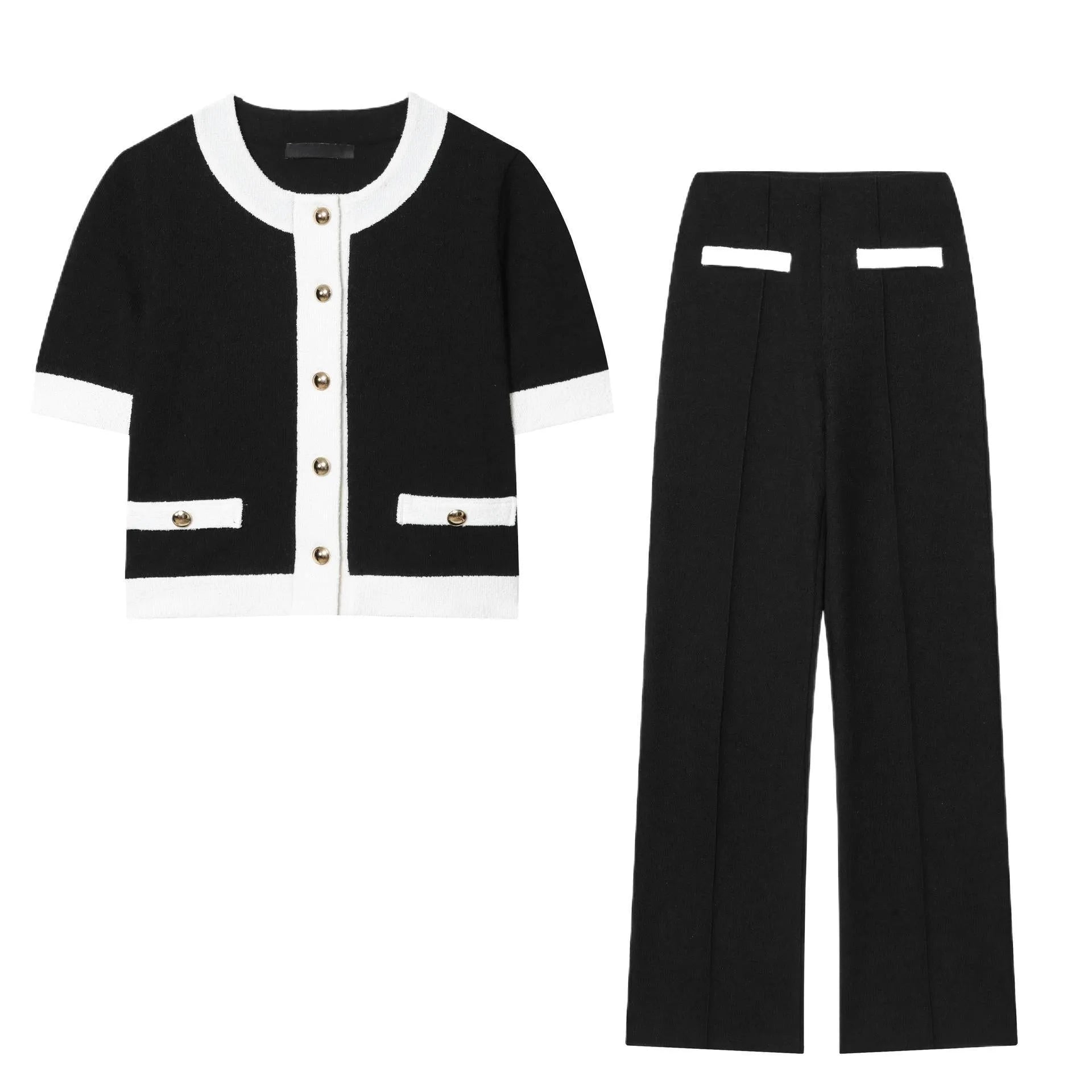 Women's two-piece polyester suit with beaded leather round neck top and stretch high-waisted trousers