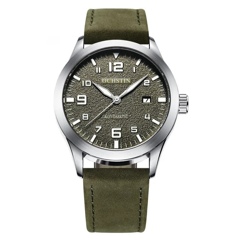 Men's automatic mechanical watch with leather strap and 12mm stainless steel case