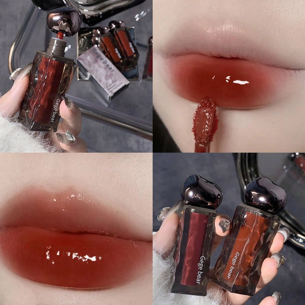Glacier Lava Lip Lacquer lip gloss tube showcasing a high-shine, mirror finish, with visual of seven colour shade options.