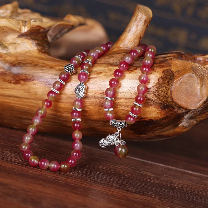 Handcrafted natural watermelon crystal bracelet with geometric beads and Chinese knot adjustable closure