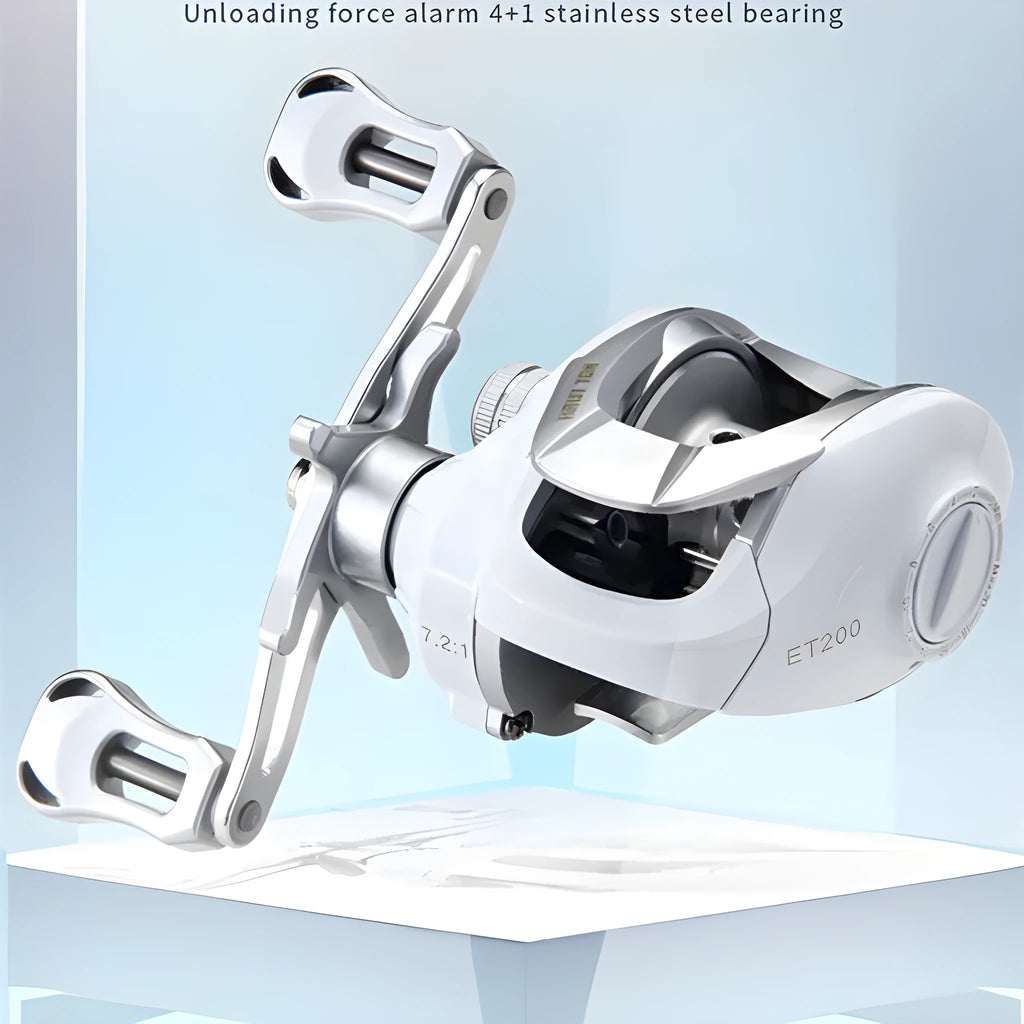 Small white micro baitcasting fishing reel with a distinctive drip wheel design on a blue background.