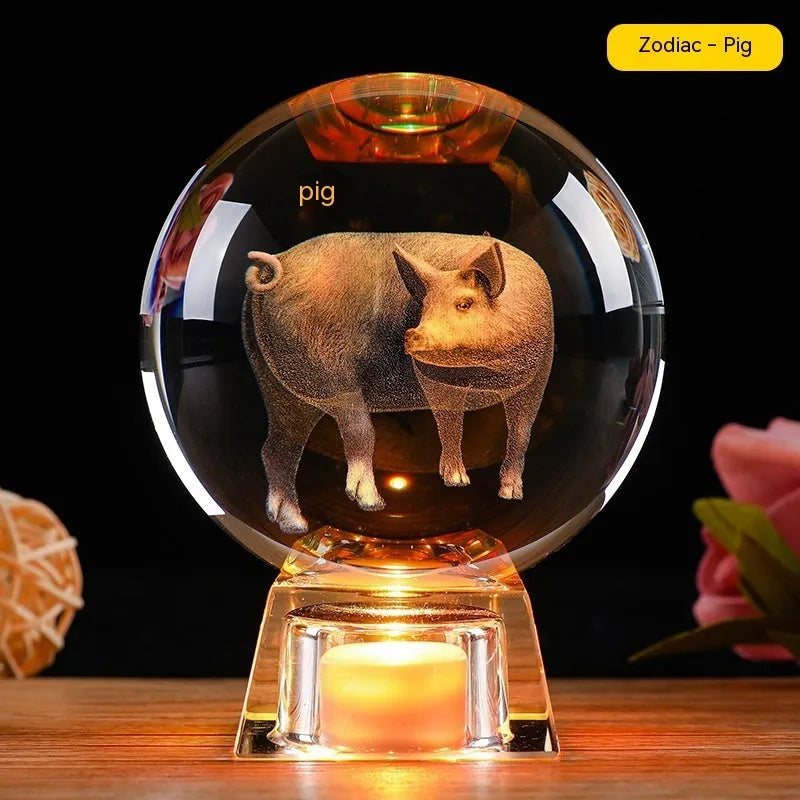 Chinese zodiac crystal ball lamp with electronic charging base showing animal design