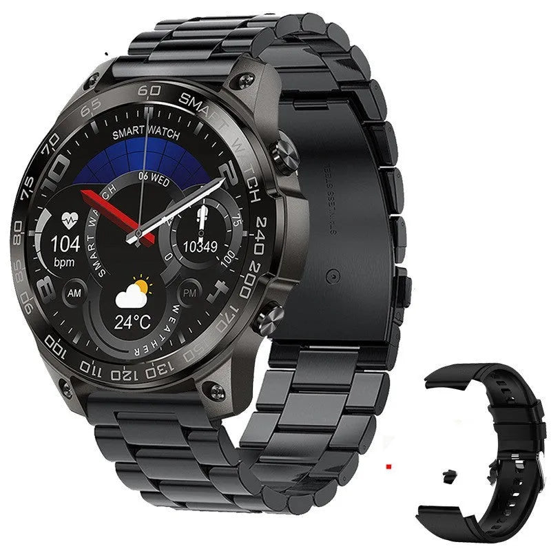 Black Bluetooth sports watch with round AMOLED screen and silicone strap on a wrist