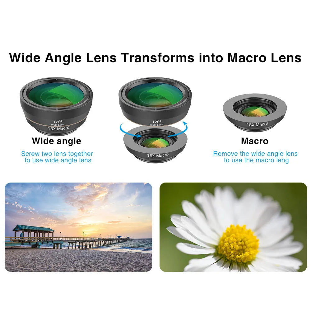 Black universal 6-in-1 mobile phone lens kit showing fisheye, macro, wide angle, telephoto, CPL and star filter lenses with clip.