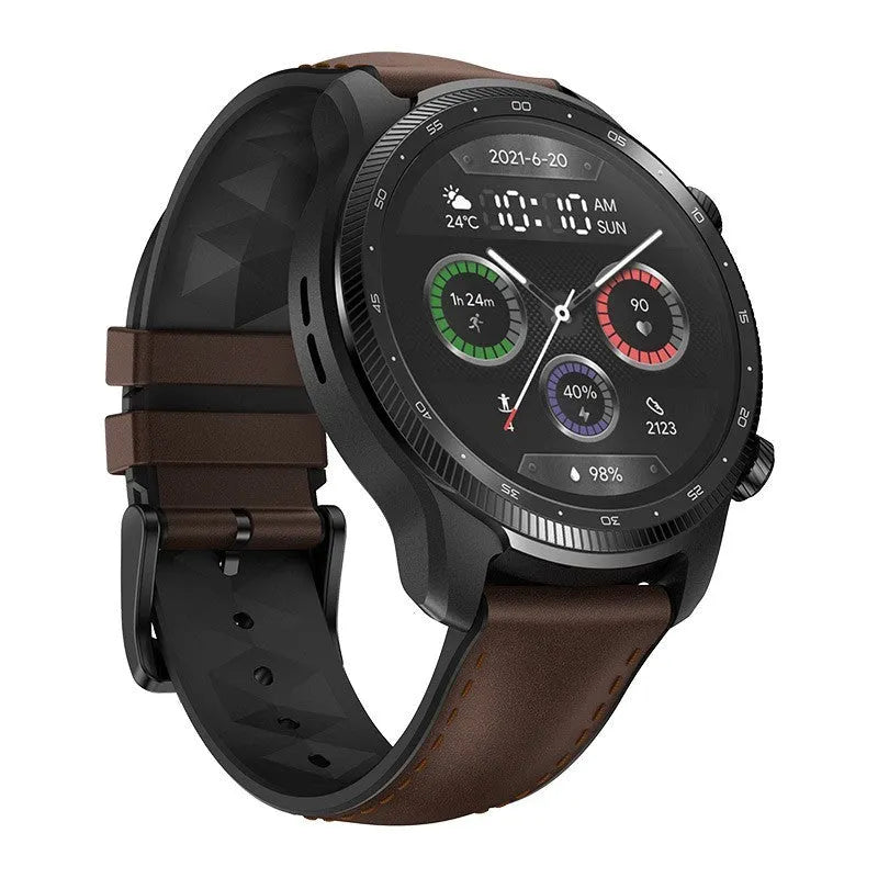 Ticwatch Pro X 47mm black smart watch with round dual-layer display on a wrist.