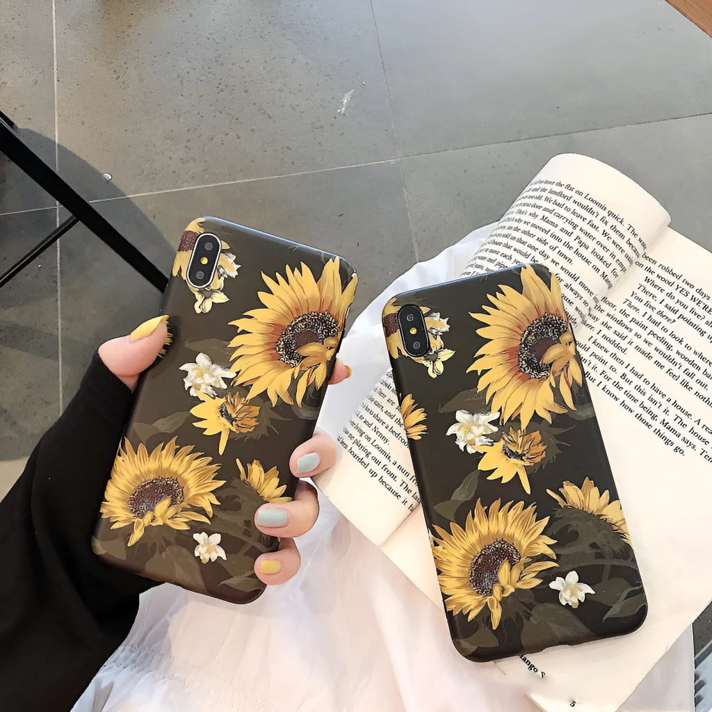 Sunflower flower silicone TPU back cover phone case for iPhone black