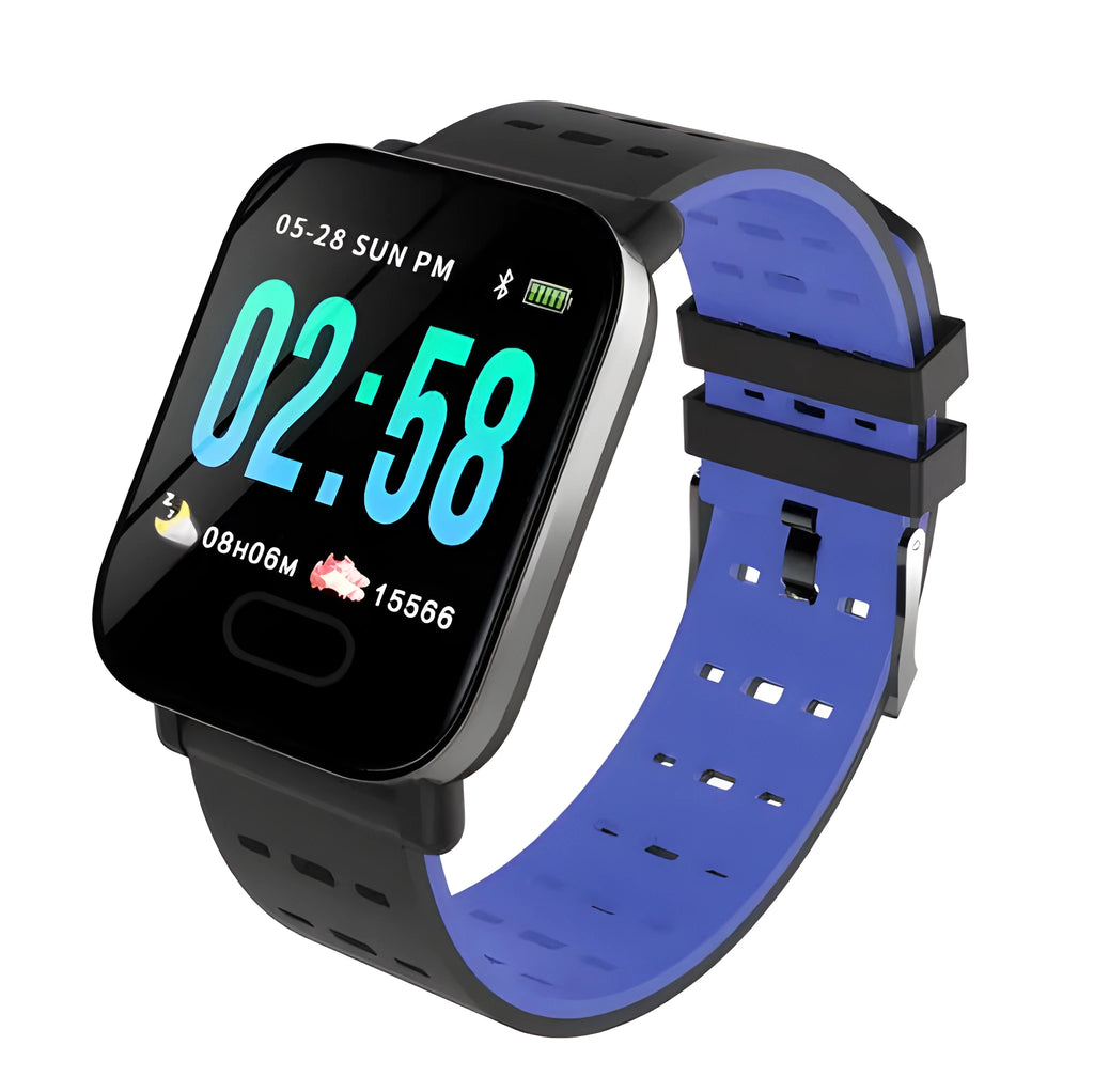 A6 smart fitness bracelet with colour screen and blue silicone strap on a wrist.