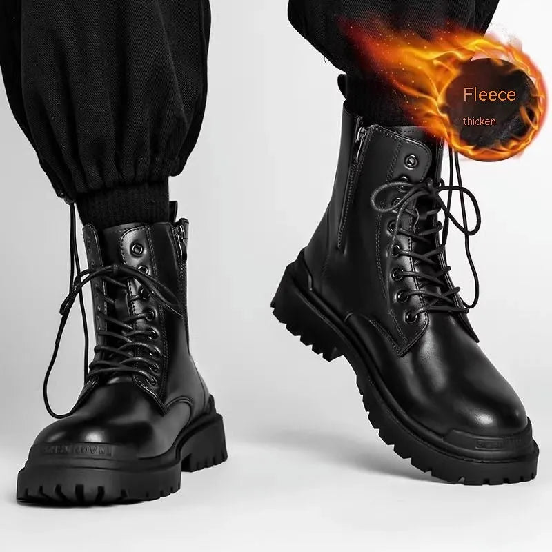 Men's black mid-top British leather boots with flat rubber sole on a neutral background