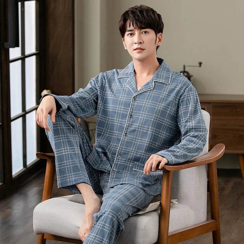 Cotton cardigan sleepwear set for middle-aged men with long sleeves and trousers five colours available