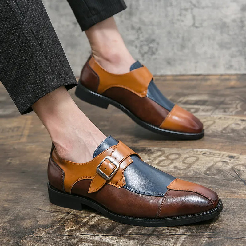 Men's brown blue retro buckle casual leather shoes with tall crown upper and breathable microfiber construction