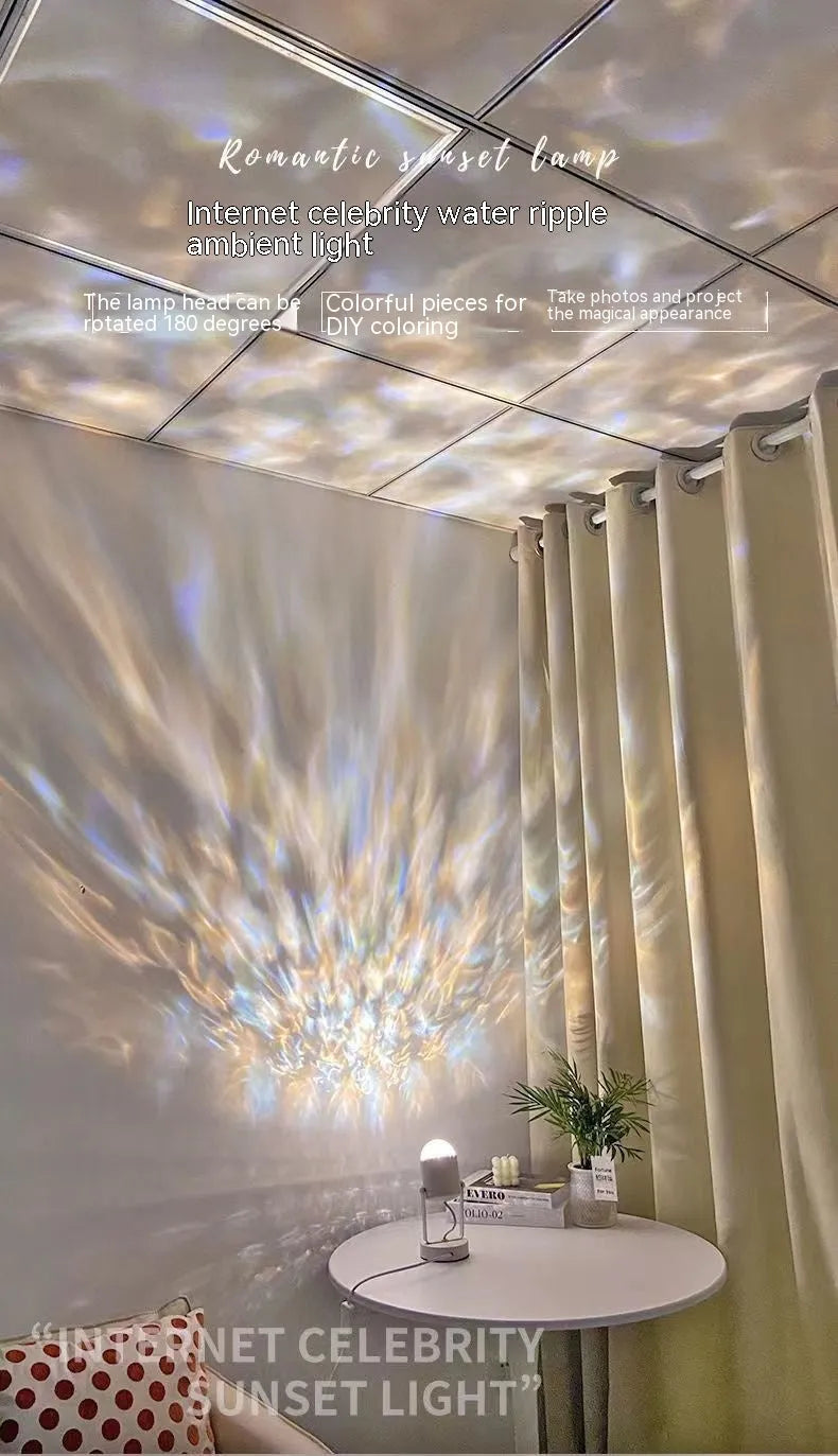 Dynamic Water Ripple Ambience Table Lamp with metal holder showing light projection effects